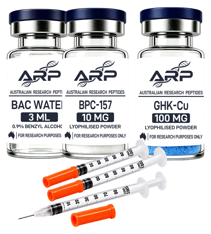 BPC-157 + GHK-Cu Bundle — BPC-157 10mg + GHK-Cu 100mg + BAC Water 3ml + Insulin Syringes 20 Pack, as supplied