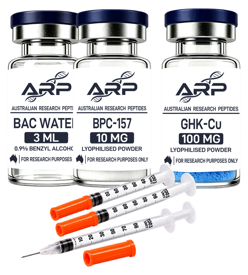 BPC-157 + GHK-Cu Bundle — BPC-157 10mg + GHK-Cu 100mg + BAC Water 3ml + Insulin Syringes 20 Pack, as supplied