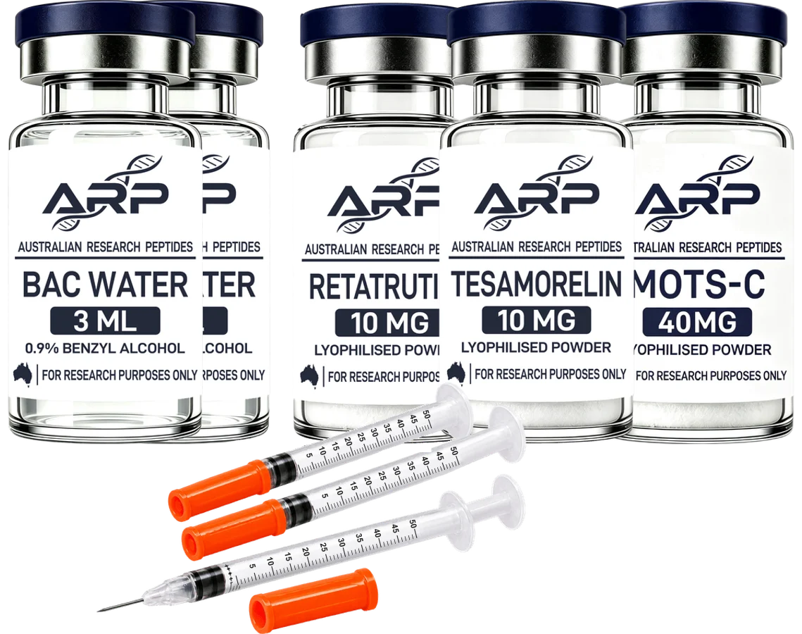 Reta + Tesa + MOTS-C Bundle — Retatrutide 10mg + Tesamorelin 10mg + MOTS-C 40mg + 2 × BAC Water 3ml + 3 × 0.5 mL Graduated Syringes 20 Pack, as supplied