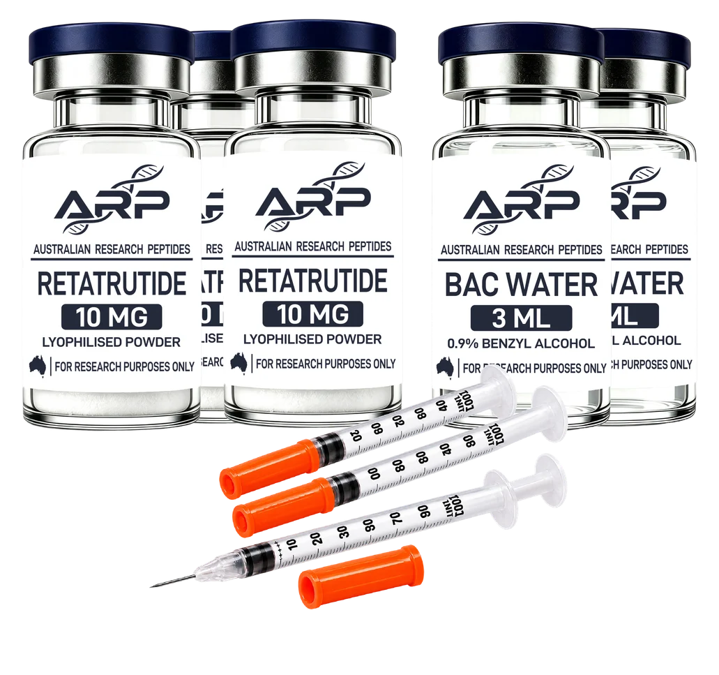 Retatrutide Mega Bundle — 3 × Retatrutide 10mg + 2 × BAC Water 3ml + 3 × Insulin Syringes 20 Pack, as supplied