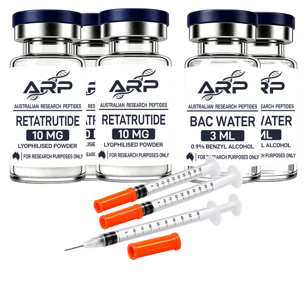 Retatrutide Mega Bundle — 3 × Retatrutide 10mg + 2 × BAC Water 3ml + 3 × 0.5 mL Graduated Syringes 20 Pack, as supplied