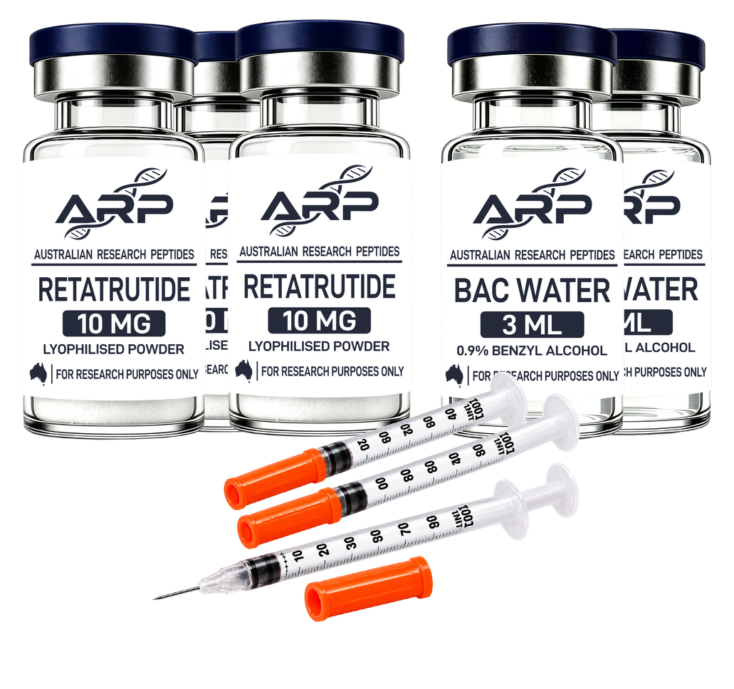 Retatrutide Mega Bundle 3 vials + 2 water + 60 syringes research vial with Australian Research Peptides label