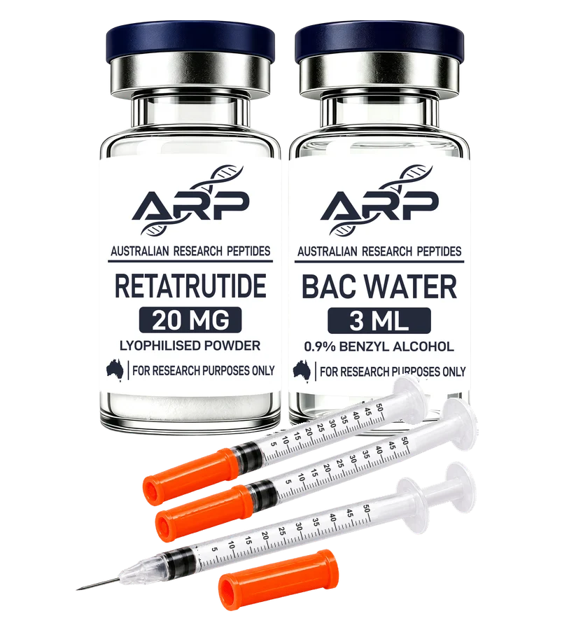 Retatrutide 20mg Starter Bundle — Retatrutide 20mg + BAC Water 3ml + 0.5 mL Graduated Syringes 20 Pack, as supplied