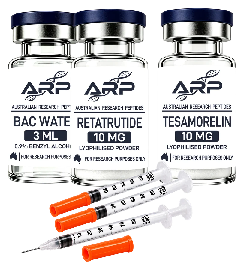Retatrutide + Tesamorelin Bundle — Retatrutide 10mg + Tesamorelin 10mg + BAC Water 3ml + Insulin Syringes 20 Pack, as supplied