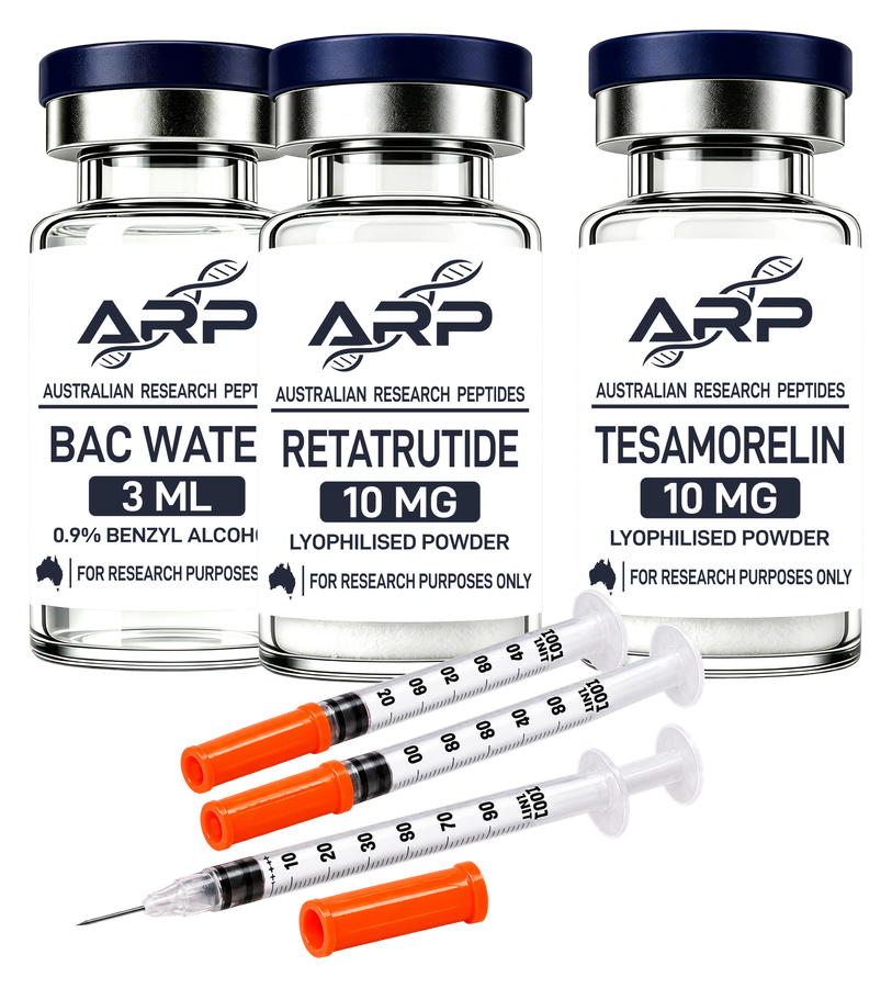 Retatrutide + Tesamorelin Bundle — Retatrutide 10mg + Tesamorelin 10mg + BAC Water 3ml + Insulin Syringes 20 Pack, as supplied