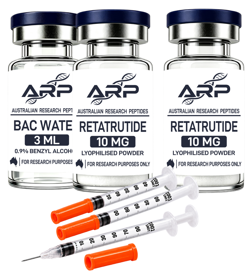 Retatrutide Value Bundle — 2 × Retatrutide 10mg + BAC Water 3ml + Insulin Syringes 20 Pack, as supplied