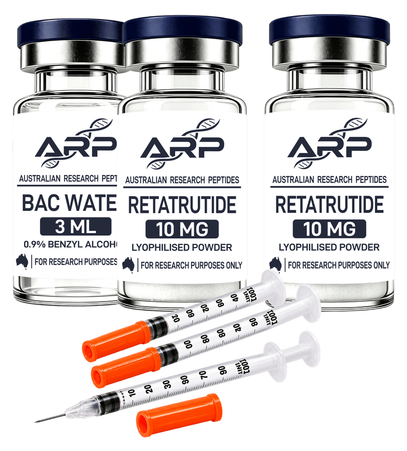 Retatrutide Value Bundle 2 vials + water + syringes research vial with Australian Research Peptides label