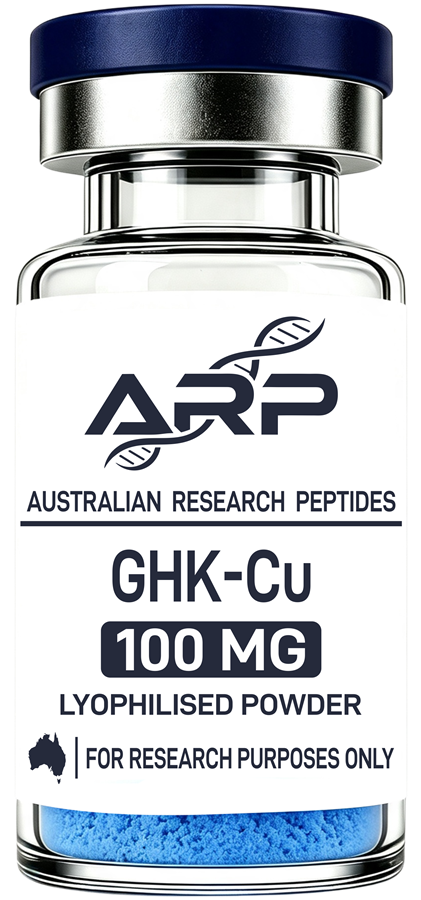 GHK-Cu 100mg research vial with Australian Research Peptides label