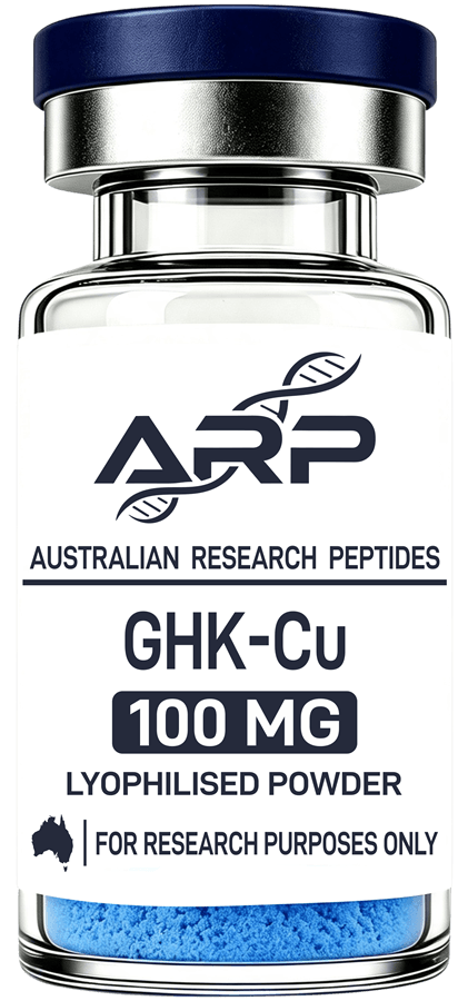 GHK-Cu 100mg research vial with Australian Research Peptides label